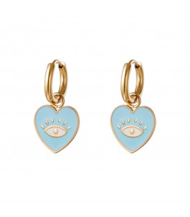 Goudkleurige oorringen met een blauwe hanger in hartvorm met oog