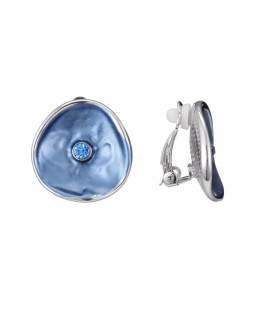 blauwe oorclips met een strass steentje en een zilverkleurige rand