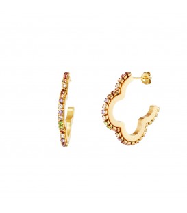 goudkleurige klavervormige oorbellen bezet met gekleurde zirkoonsteentjes