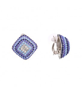 Vierkante blauwe oorclips met blauwe kraaltjes en strass steentjes
