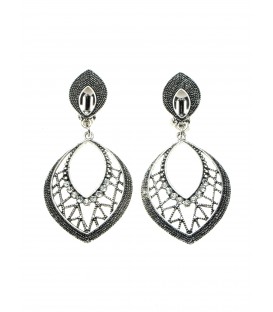 Oorclips met strass steentjes en ovale hanger in oudzilverkleur