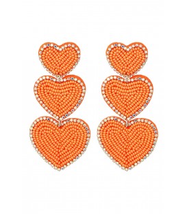 Oranje glas kralen oorhangers met 3 harten en strass stenen rand