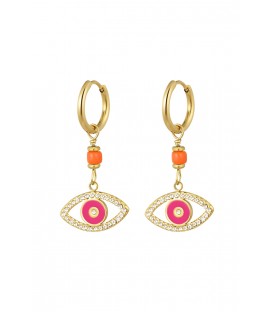 Goudkleurige oorringen met een roze oog en strass steentjes