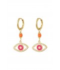 Goudkleurige oorringen met een roze oog en strass steentjes