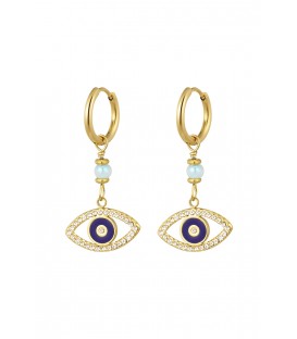 Goudkleurige oorringen met een hangers als een oog en strass steentjes