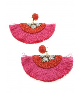 Oranje gekleurde kralen oorhangers met fuchsia roze franjes