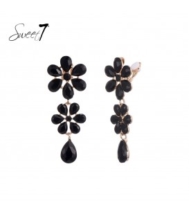 Zwarte Bloemen Oorclips met Glas Steentjes - Elegante Sieraden voor Jouw Stijl