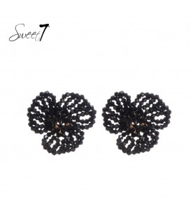 Zwarte Bloemen Oorhangers met Glas Kralen - Elegante Mode Sieraden