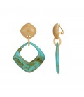 Mooie turquoise hars oorclips met vierkante blauwgroene hanger