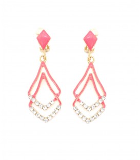 Oorclips roze met een dubbele hanger en heldere strass steentjes
