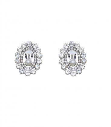 Zilverkleurige oorclips met strass randen en imitatie pareltje