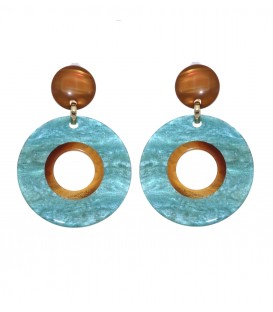 Turquoise oorclips met een bruine rand in het midden en oor stukje