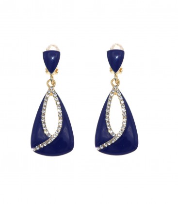 Oorclips blauw met een strass rand in het midden van de hanger