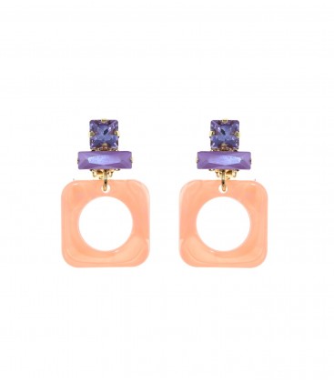 Oranje oorclips met paarse glas steentjes