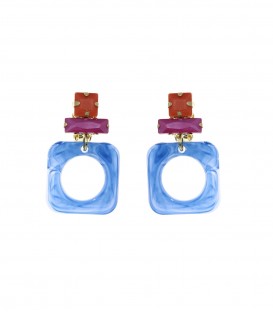 Blauwe oorclips met een roze en oranje glas steentje