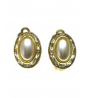 Ovale goudkleurige oorclips met parel hart en strass steentjes rand