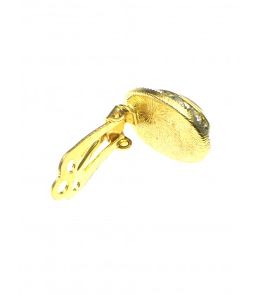 Ovale goudkleurige oorclips met parel hart en strass steentjes rand