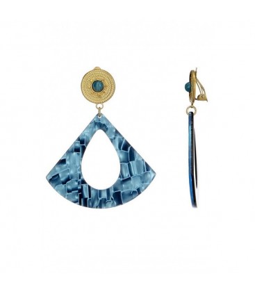 Oorclips met blauw gemarmerde hanger en goudkleurige bovenkant