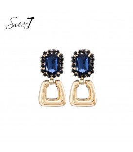 Blauwe oorbellen rechthoekige hanger en glassteentjes