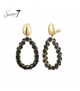 Oorclips zwart met ovale vorm en glas steenjes