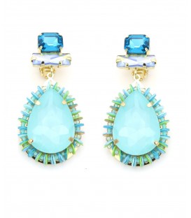 Oorclips met turquoise druppel steen en blauwe kristallen