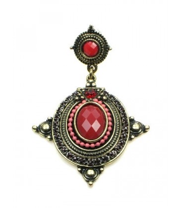 Goudkleurige oorhangers met rode steen en roze kralen