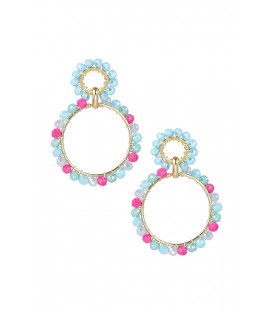 Goudkleurige oorhangers met blauw/roze glas kralen