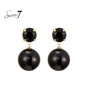 Oorbellen zwart met een ronde bol en een glas steentje