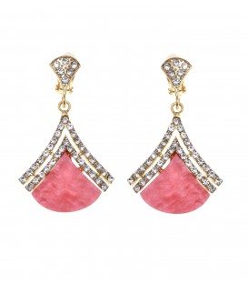 Goudkleurige oorclips met een roze vlak en een dubbele stras rand