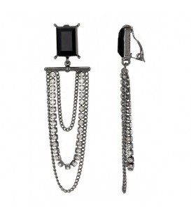 Oorclips zwart met donkere metalen schakels en heldere glas steentjes