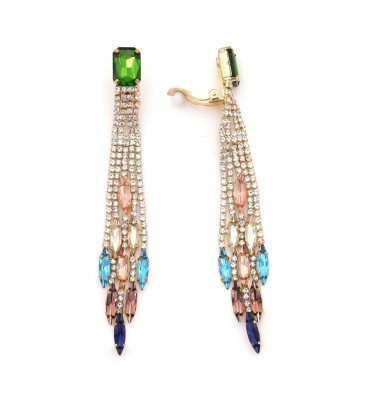 Oorclips lang groen met heldere strass steentjes en kleurrijke afwerking