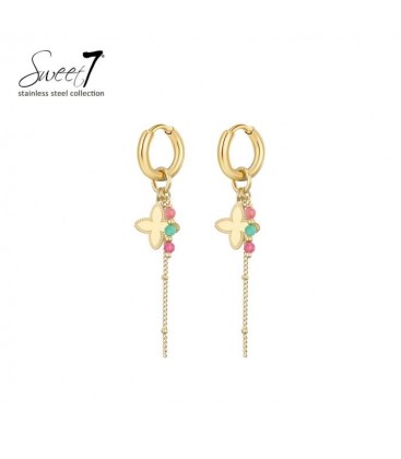 Oorbellen goudkleurig met vlinder en kleurrijke kralen