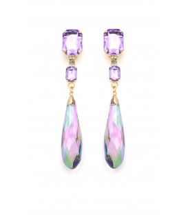 Oorclips met lila kristallen en lange regenboog druppelvormige hanger.