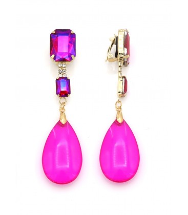 Oorclips met fuchsia druppel hanger en vierkante stras stenen