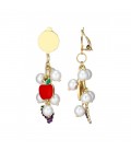 Oorclips goudkleurig met appel, druif en pareldetails