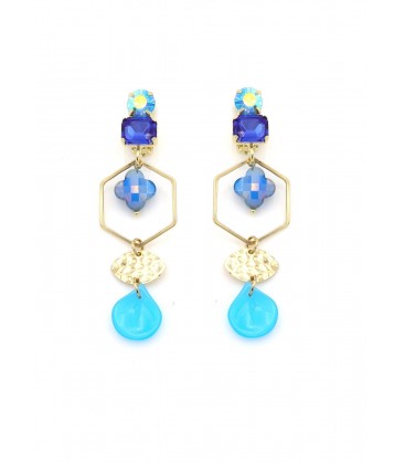 Oorclips blauw met bedels en goudkleurig accenten
