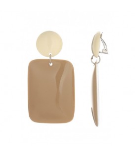 Oorclips met beige rechthoekige hanger en ivoorkleurige bovenzijde