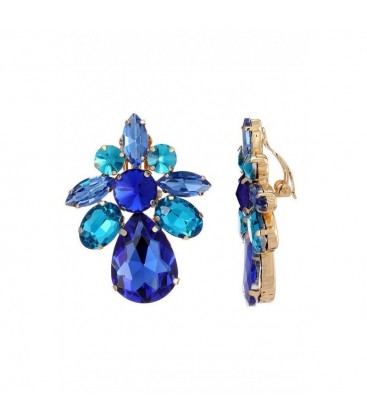 Oorclips met grote blauwe en turquoise kristallen