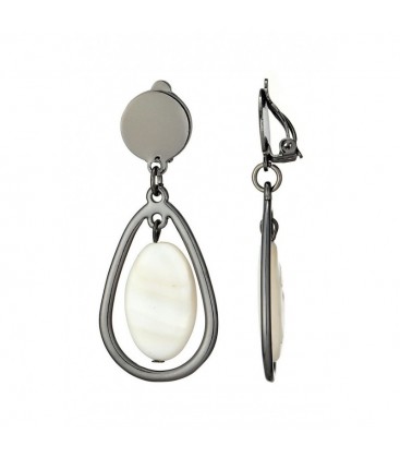 Oorclips antraciet met ivoorkleurige ovale hanger in open druppelvorm