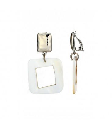 Oorclips met open witte vierkante hanger en zilverkleurig oor stukje