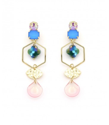 Oorclips met blauwe steen, roze hanger en goudkleurige zeshoek
