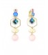 Oorclips met blauwe steen, roze hanger en goudkleurige zeshoek