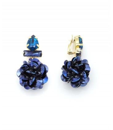 Oorclips blauw met pailletten en strass steentjes