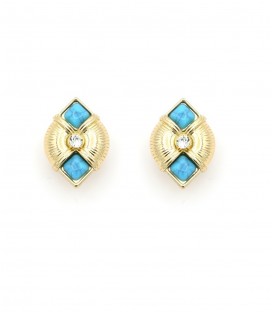 Oorclips goudkleurig met turquoise stenen en kristal steentje