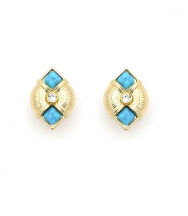 Oorclips goudkleurig met turquoise stenen en kristal steentje