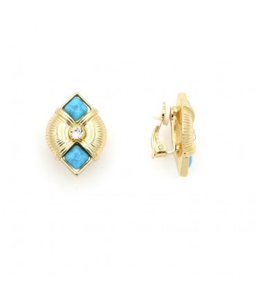 Oorclips goudkleurig met turquoise stenen en kristal steentje