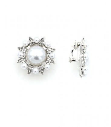 Oorclips zilverkleurig met acryl parels en strass steentjes
