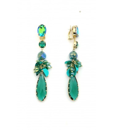 Oorclips met groene kristallen en facetgeslepen hanger