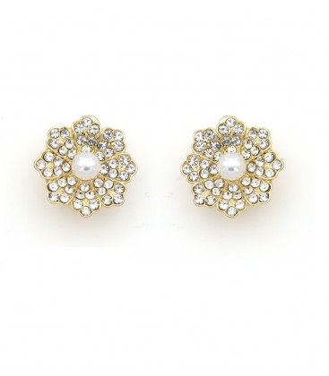 Oorclips goudkleurig met acryl parel en fonkelende strass steentjes